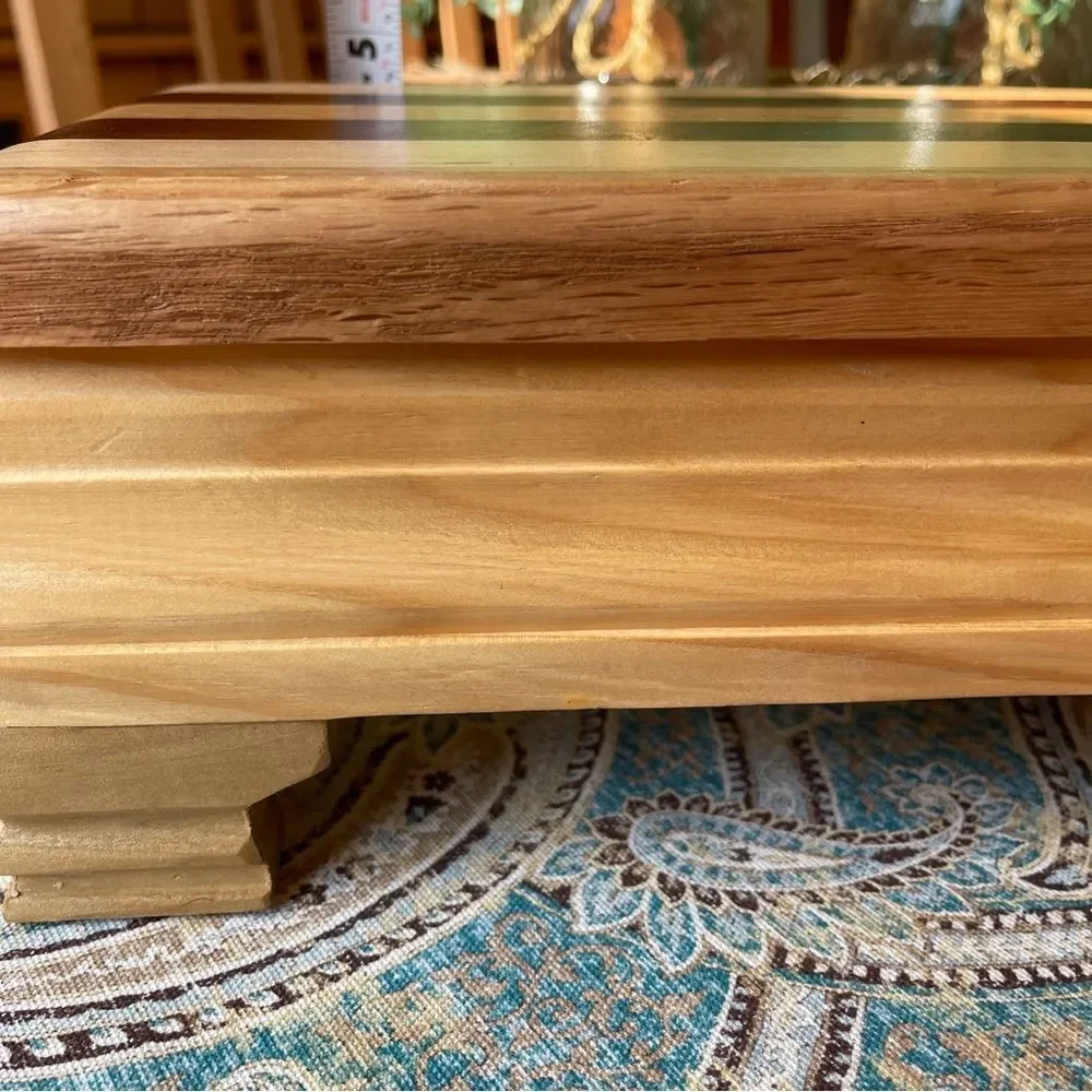 Artisan Signed Striped Hardwood Jewelry Keepsake Box Red Lined Footed